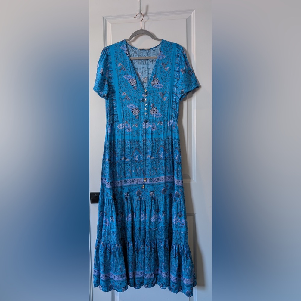 Last Queen Paris Ruffle Midi Dress Blue Floral Size M/L